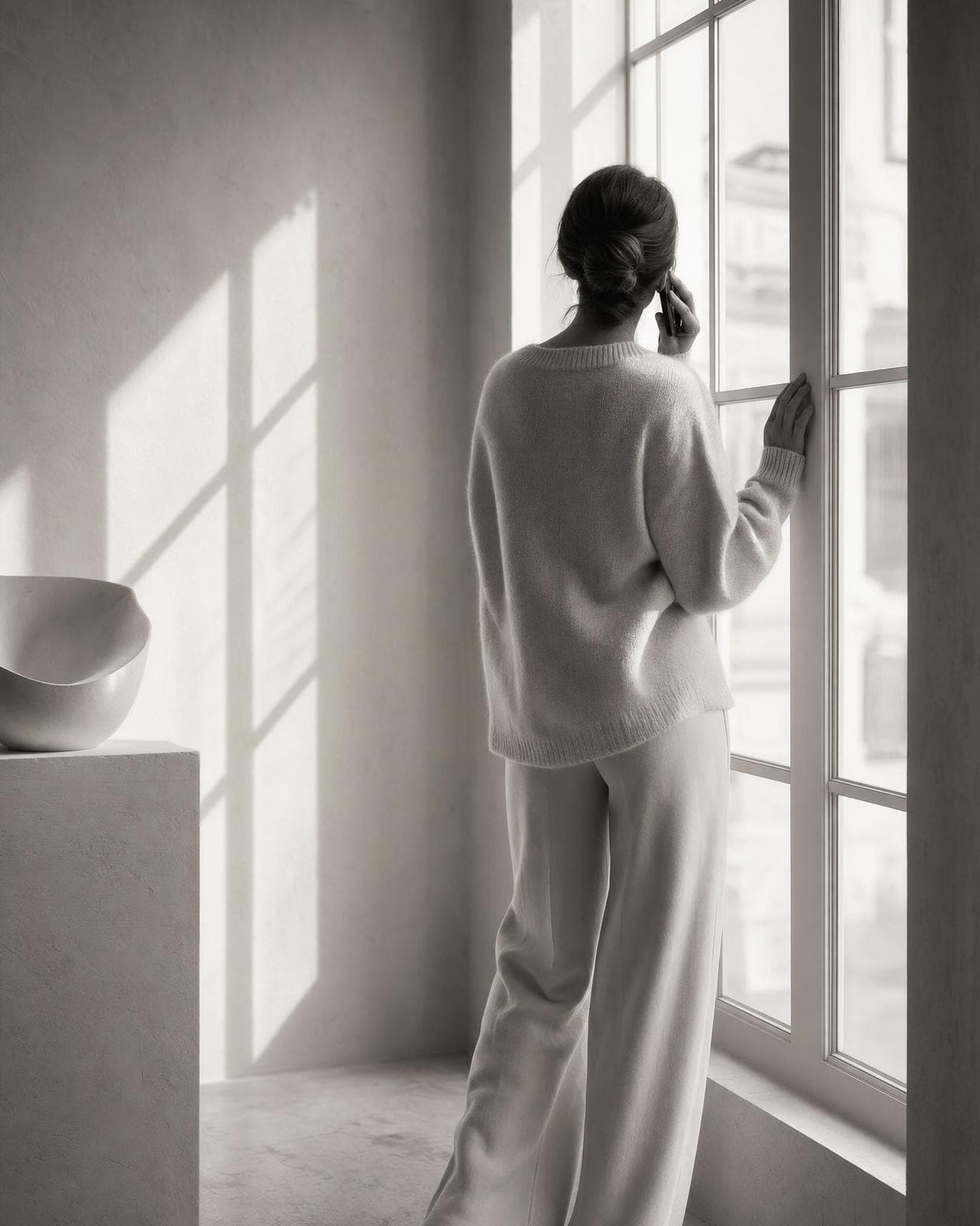 A woman at a sunlit window, phone to her ear, seen from behind in soft light