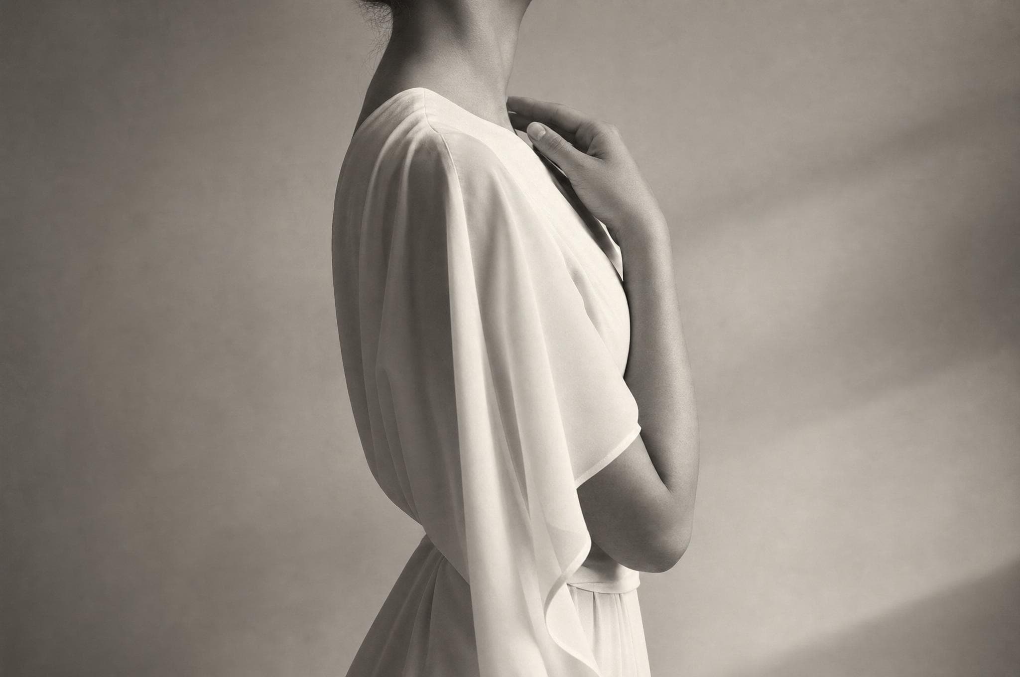 A woman's back draped in flowing silk, seen from behind