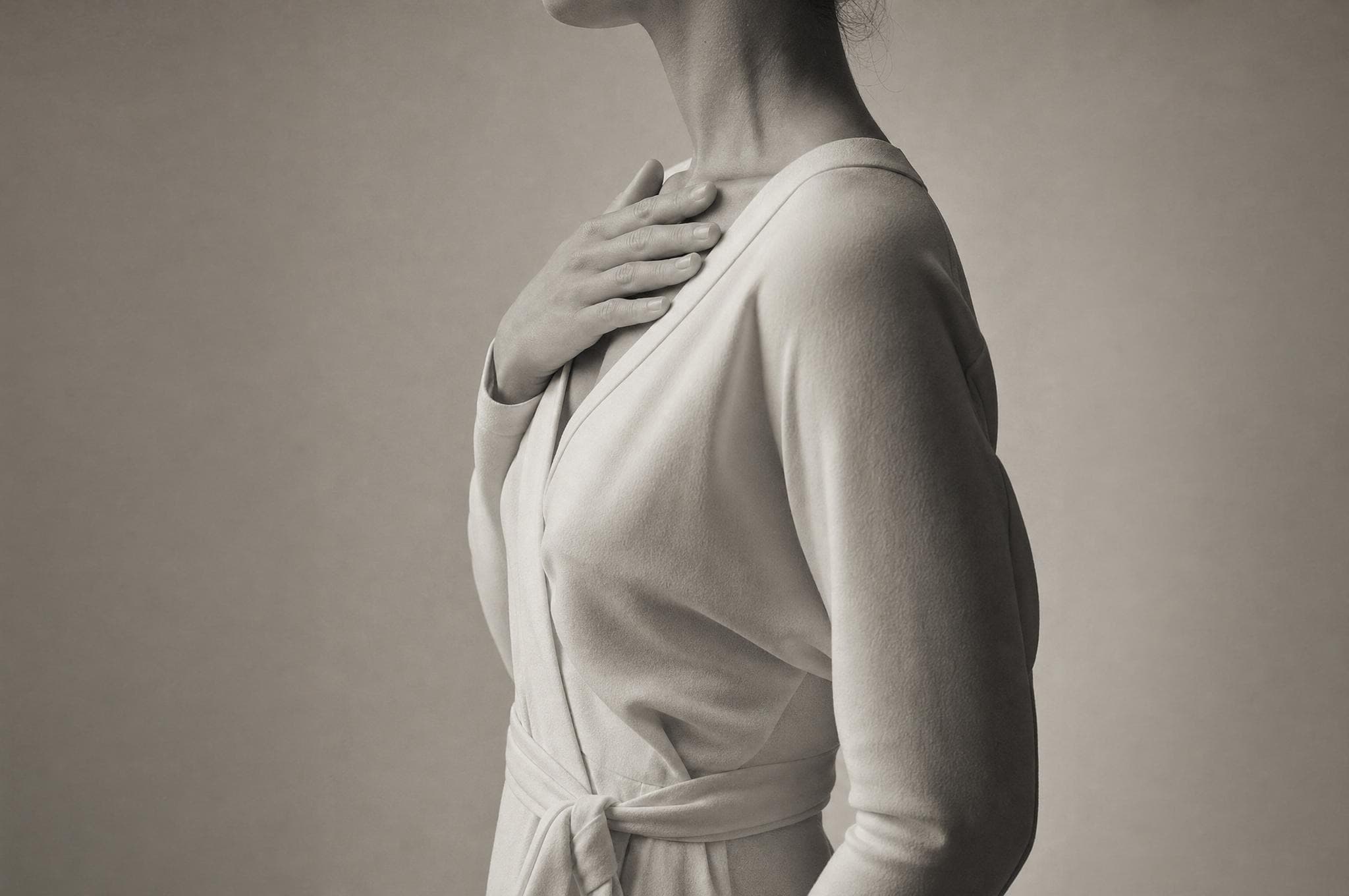 Side study of a woman in wrapped linen, hand at the back of her neck
